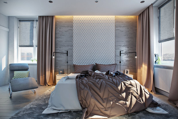 Фотография: Спальня в стиле Лофт, Современный, Гардеробная, Квартира, Россия, Белый, Минимализм, Проект недели, Москва, Зеленый, Бежевый, Серый, Коричневый, Олеся Лигай – фото на INMYROOM