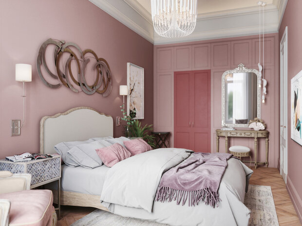 В спальне уже было предусмотрено помещение под гардеробную: для него сделали фальш-панели с имитацией фасада шкафа, но на самом деле там только две распашные дверцы, которые ведут в гардеробную комнату.