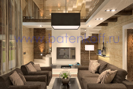 Дизайн проект гостиной со вторым светом в доме из бруса