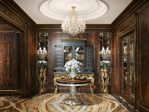 Фото из портфолио ЖК Русский Авангард, 295 кв.м., полудрагоценные полы, стены с золотыми вставками – фотографии дизайна интерьеров на INMYROOM