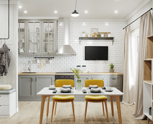 Фотография: Кухня и столовая в стиле Скандинавский, Ванная, Спальня, Квартира, Проект недели, Зеленый, Желтый, Серый, 1 комната, до 40 метров, ПРЕМИЯ INMYROOM – фото на INMYROOM