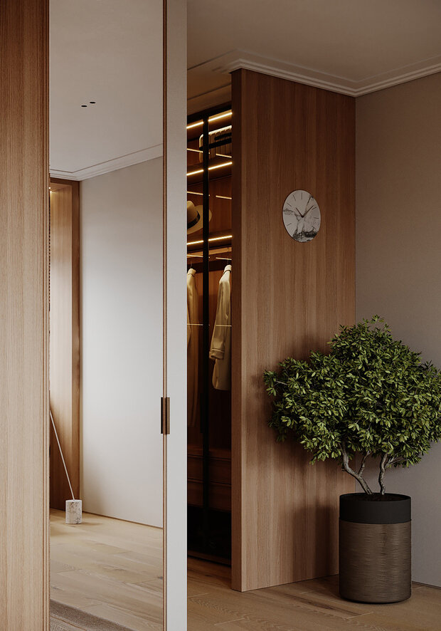 В мастер-спальне расположили большой шкаф для повседневных вещей, а также дополнительно продумали гардеробную, в которой будет лежать все необходимое для домашнего обихода.