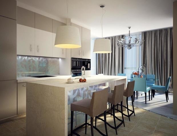 Фотография: Кухня и столовая в стиле Современный, Минимализм, Квартира, Россия, Планировки, Декор, Белый, Проект недели, Бежевый, Синий, Голубой, Бирюзовый, Сочи, GraniStudio – фото на INMYROOM