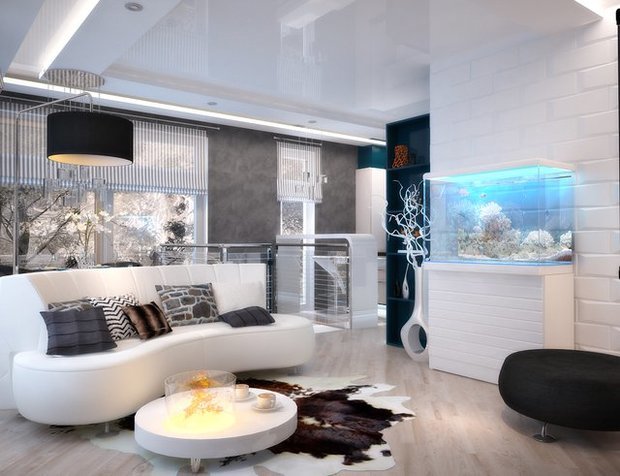 Фотография: Гостиная в стиле Современный, Хай-тек, Декор интерьера, Декор, Мебель и свет, Советы, Белый, Бежевый, Серый, Нина Романюк, что делать, если в комнате нет окна, комната без окна, идеи для комнаты без окна – фото на INMYROOM