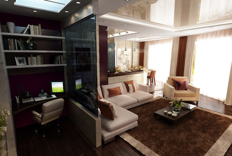 Мини-кабинет рядом с фиолетовой гостиной, современный стиль