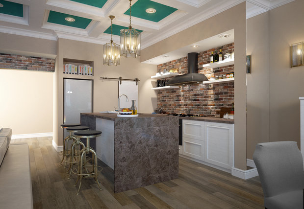 Фото из портфолио Квартира в американском стиле с голубыми кессонами – фотографии дизайна интерьеров на INMYROOM