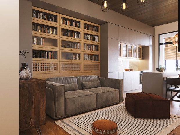 Цветовая палитра основных помещений получилась в натуральных и нейтральных оттенках. Хотелось подчеркнуть связь с природой — деревянные и песочные фактуры, бетонные элементы.