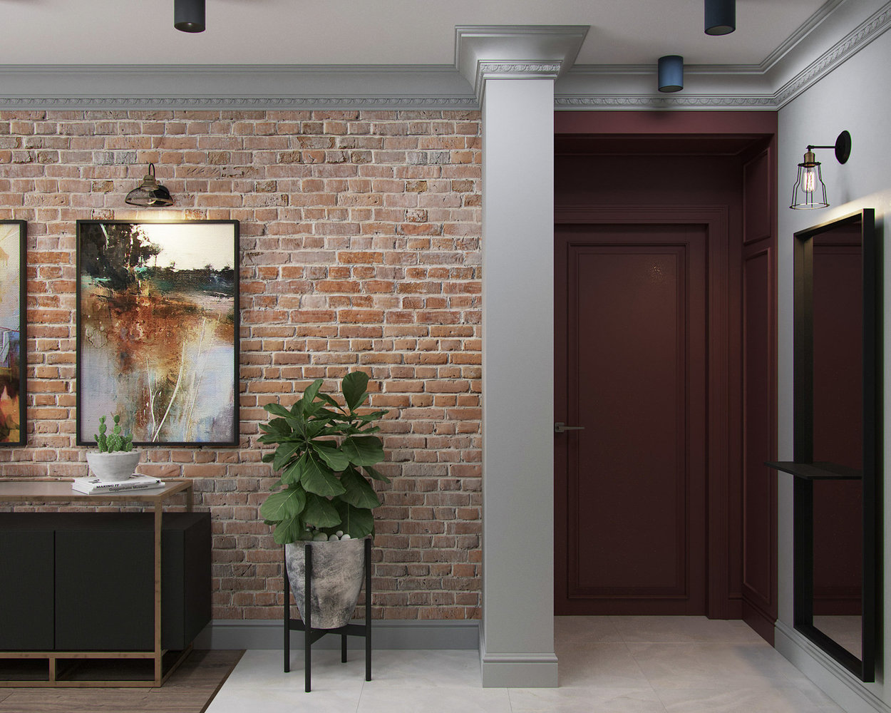 Над входной дверью в квартиру нужно было сделать короб, куда спрятались коммуникации. Просто делать его скрытым в цвет основных стен было скучно и визуально массивно. Поэтому создали своеобразный портал с дверью и все выкрасили в винный цвет. Над входной дверью в квартиру нужно было сделать короб, куда спрятались коммуникации. Просто делать его скрытым в цвет основных стен было скучно и визуально массивно. Поэтому создали своеобразный портал с дверью и все выкрасили в винный цвет.