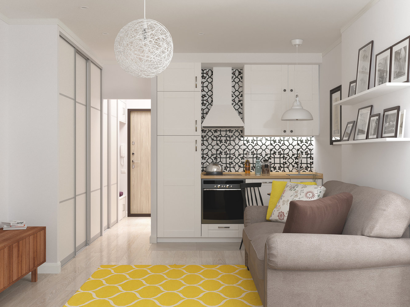 Фотография: Гостиная в стиле Скандинавский, Советы, Зонирование, зонирование однушки, зонирование студии, энциклодпедия_малогабаритка, Любимые приемы – фото на INMYROOM