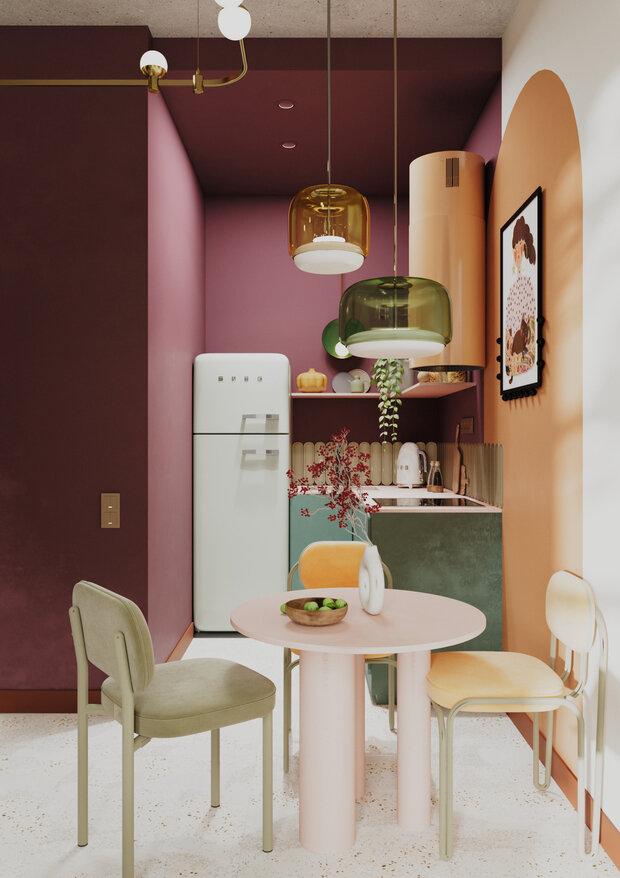 Кухонную зону сделали небольшой, так как заказчики редко готовят дома.