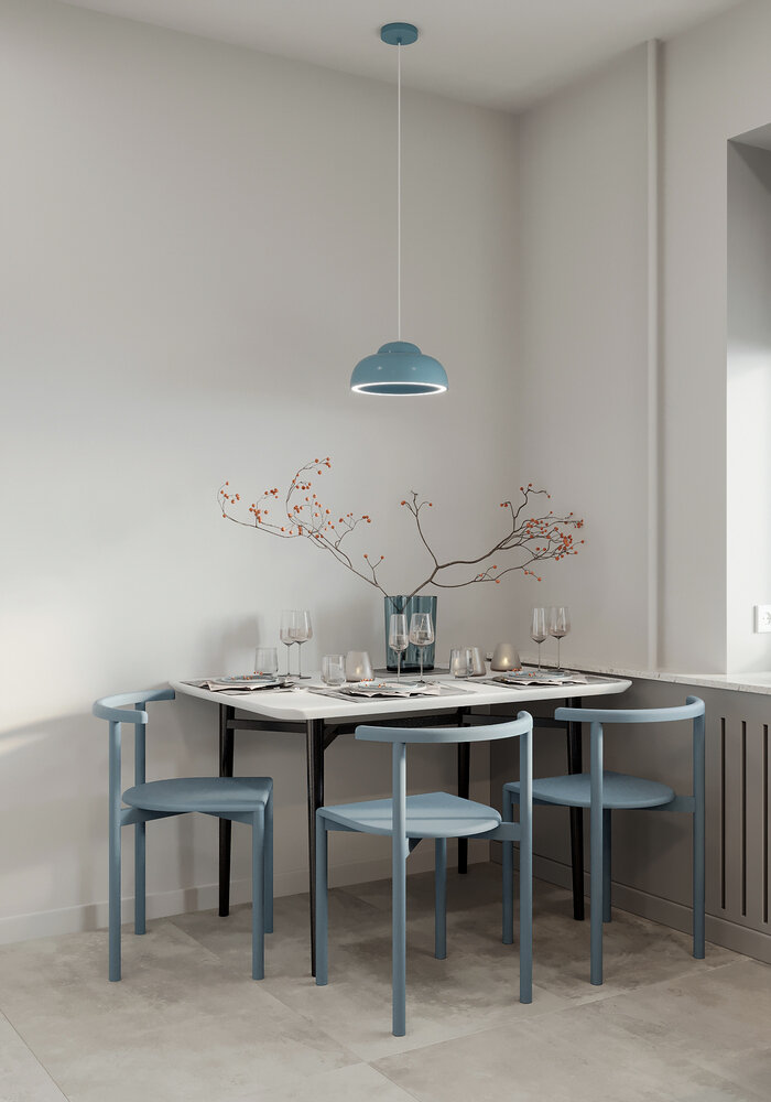 Единый пол в прихожей, кухне, санузлах позволил избежать большого количества стыков напольных покрытий на такой небольшой площади квартиры и тем самым убрать визуальный шум. Единый пол в прихожей, кухне, санузлах позволил избежать большого количества стыков напольных покрытий на такой небольшой площади квартиры и тем самым убрать визуальный шум.