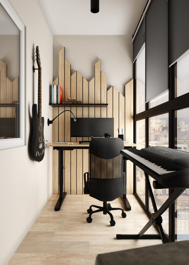 На балконе, примыкающем к спальне, организовали музыкальный уголок и рабочее место. 