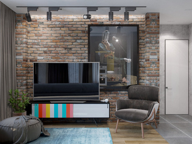 Визуализация интерьера гостиной в стиле лофт