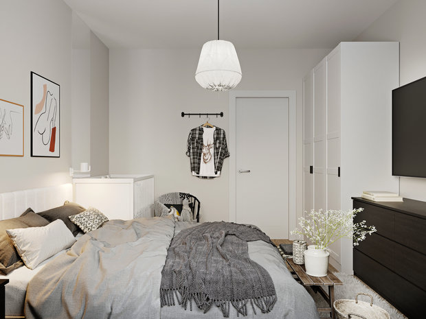 Фотография: Спальня в стиле Скандинавский, Квартира, Проект недели, Москва, 2 комнаты, 60-90 метров, Эльжбета Чегарова – фото на INMYROOM