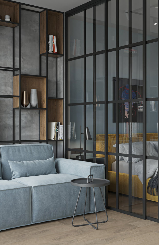 Стеклянные перегородки убивают двух зайцев: являются эффектным элементом в интерьере и зонируют помещение, сохранив легкость и свет.