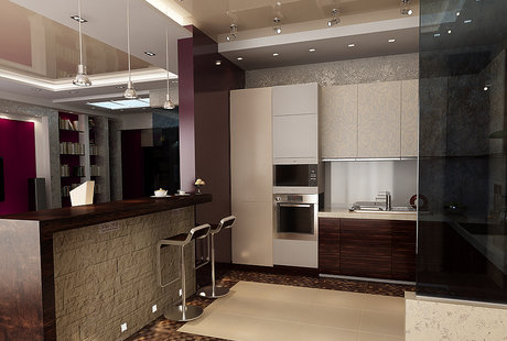 Кухня-столовая с фиолетовым акцентом в современном стиле