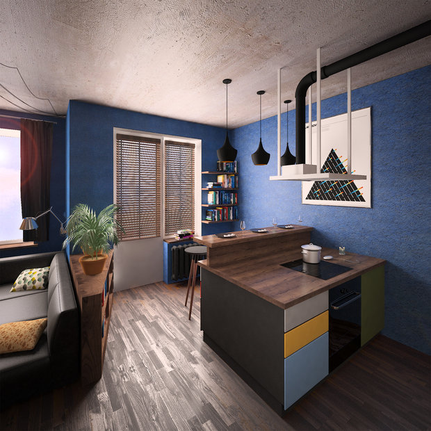 Фотография: Кухня и столовая в стиле Лофт, Эклектика, Квартира, Россия, Планировки, Мебель и свет, Белый, Проект недели, Черный, Зеленый, Желтый, Синий, Серый, Коричневый, Подмосковье, Красногорск, спальня-гостиная, Александр Колганов, Евгения Щепенок, model_bananova, как отгородить детскую в студии – фото на INMYROOM