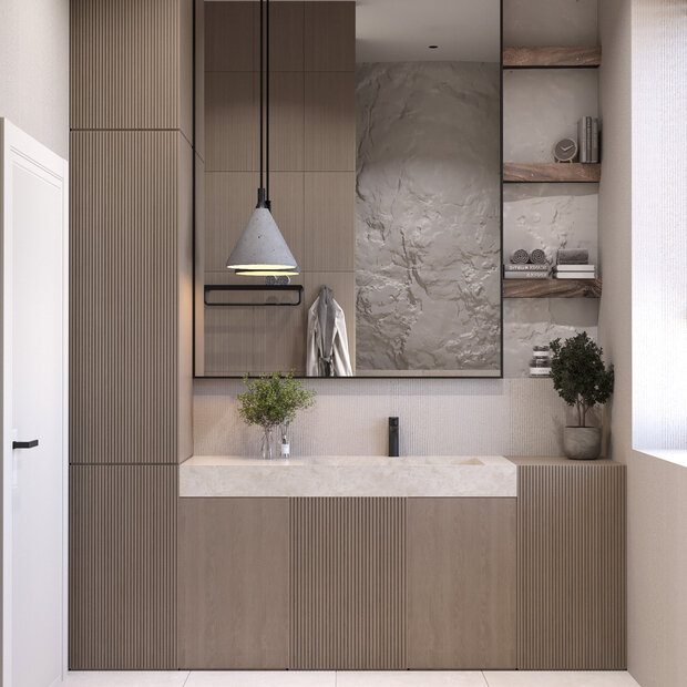 Визуализация интерьера ванной комнаты в стиле минимализм