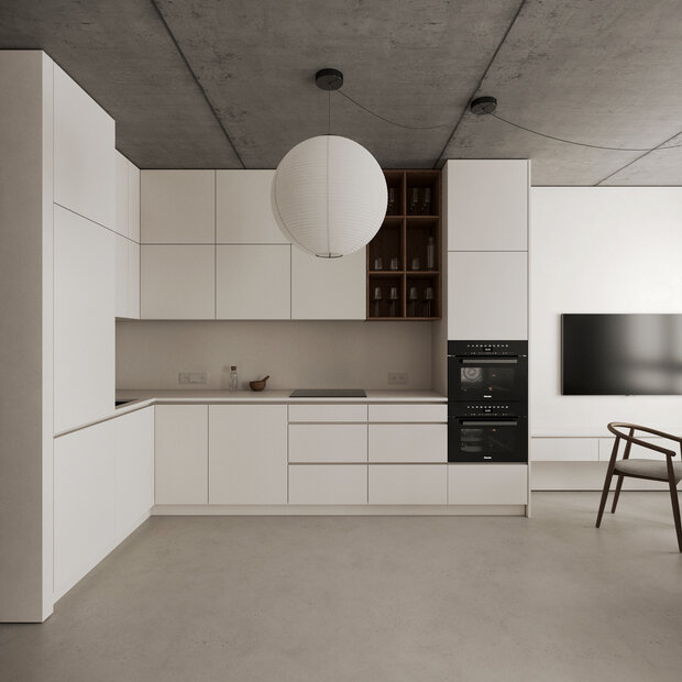 Визуализация интерьера кухни в стиле минимализм с элементами лофт