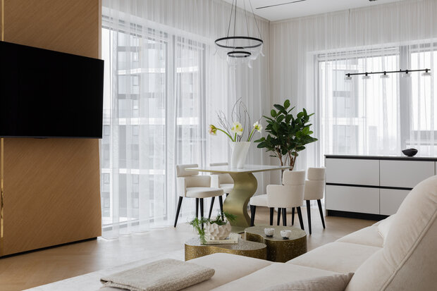 Фотография: Гостиная в стиле Современный, Квартира, Проект дня, Монолитный дом, 3 комнаты, Более 90 метров, Эксклюзивные проекты, Оксана Галактионова, минимализм с элементами современного дизайна – фото на INMYROOM