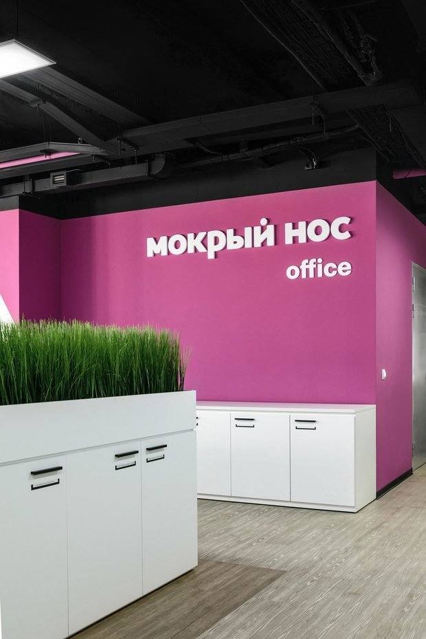 Интерьер офиса в современном стиле с розовой стеной и белой мебелью