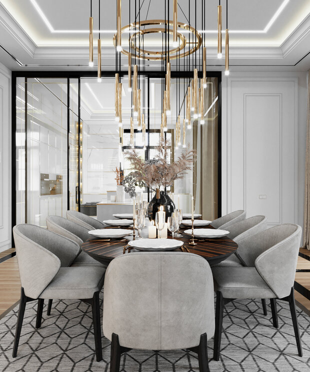 Визуализация интерьера кухни и столовой в современном стиле с элементами классики