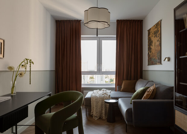 Фотография: Гостиная в стиле Современный, Квартира, Проект дня, Екатеринбург, Монолитный дом, 2 комнаты, 40-60 метров, современный с элементами ретро, Анастасия Гавриленко, Анастасия Камаева – фото на INMYROOM