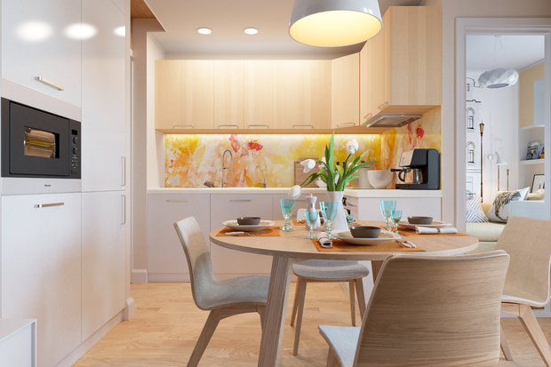 Фотография: Кухня и столовая в стиле Современный, Квартира, Россия, Планировки, Белый, Проект недели, Бежевый, Серый, Голубой, Коричневый, Санкт-Петербург, ИКЕА, Vibia, The Rug Company, Technika Arte Lamp, Wolfram, Zeitraum, Customform, Mr Perswall, Tabula Miele, Олеся Малицкая, Сергей Малицкий, Студия Малицких, как из однушки сделать трешку – фото на INMYROOM