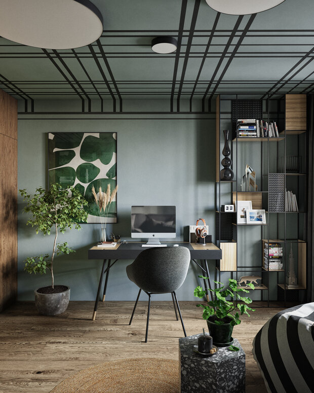 Стеллаж и стол довольно воздушные за счет конструкции. Они контрастируют с более массивными шкафами из дерева на противоположной стене.