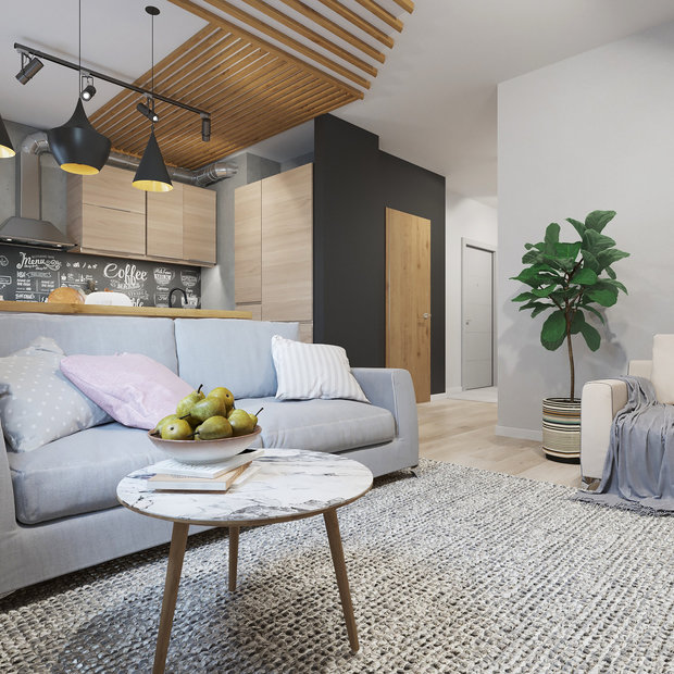 Фотография: Гостиная в стиле Лофт, Квартира, Проект недели, Екатеринбург, Монолитный дом, Юлия Калеми, 3 комнаты, 60-90 метров – фото на INMYROOM