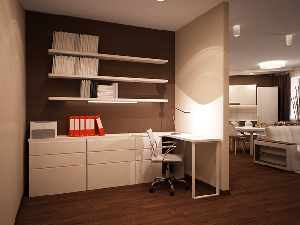 Фото из портфолио Гостиная с рабочей зоной 3-к квартира по ул.Шамшурина – фотографии дизайна интерьеров на INMYROOM