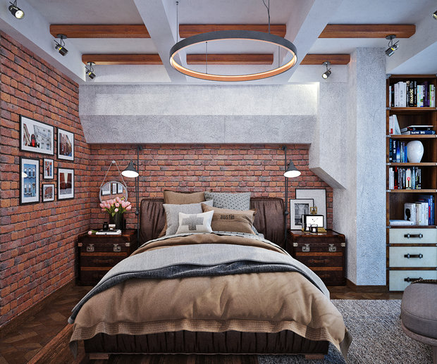 Фото из портфолио Винтаж, натуральный кирпич, индустриал: отличное сочетание в спальне – фотографии дизайна интерьеров на INMYROOM