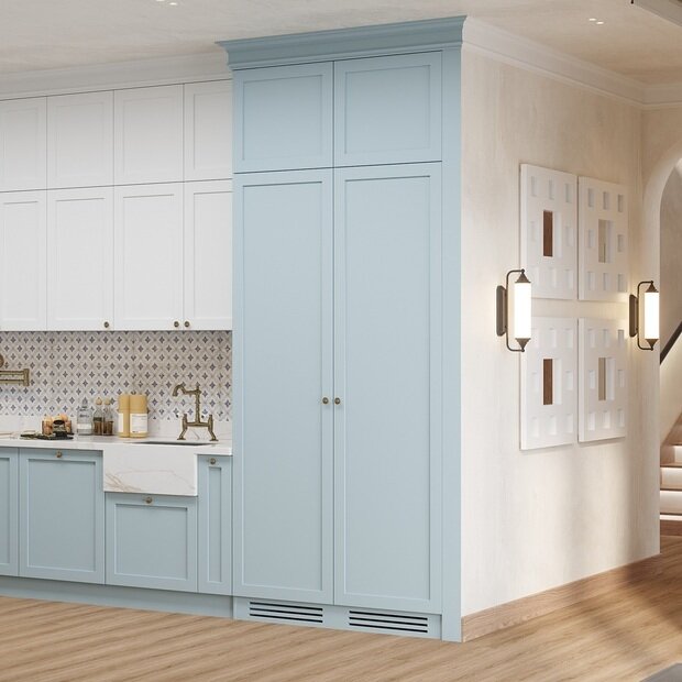 Визуализация интерьера кухни в классическом стиле с голубыми шкафами