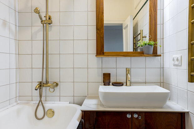 Фотография: Ванная в стиле Скандинавский, Эклектика, Винтажный, Квартира, Проект недели, Москва, Сталинка, Кирпичный дом, 2 комнаты, 40-60 метров, Анастасия Разливанова, Ольга Гусева – фото на INMYROOM
