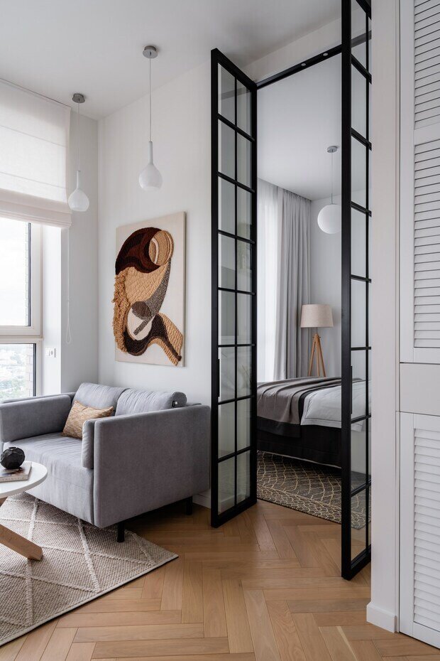 Фотография: Спальня в стиле Скандинавский, Современный, Малогабаритная квартира, Квартира, Проект дня, Москва, 2 комнаты, до 40 метров, Александра Лаврова – фото на INMYROOM