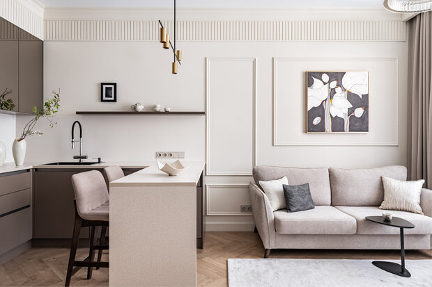 Фотография: Кухня и столовая в стиле Современный, Квартира, Проект дня, 2 комнаты, 40-60 метров, Анна Жижайкина, современный с элементами неоклассики – фото на INMYROOM