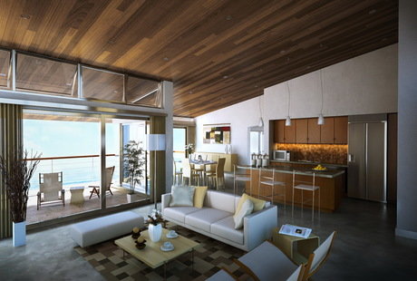 Современный интерьер с наклонным потолком