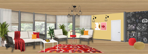 Фотография: Гостиная в стиле Скандинавский, Перепланировка, Дача, Веранда, веранда на даче, Вера Тарловская, дачная терраса, до 40 метров, We Create Studio, Леруа Мерлен, Leroy Merlin, дизайн-баттл, Вероника Лева, Мария Ковалева – фото на INMYROOM