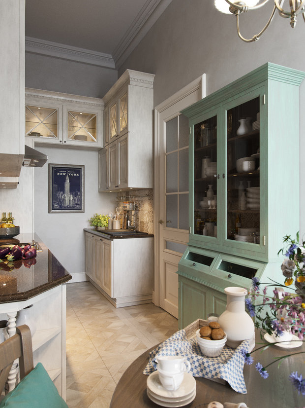 Фотография: Кухня и столовая в стиле Классический, Проект недели, Москва, Высокие потолки, Алексей Кочинский, прямоугольная кухня, Кирпичный дом – фото на INMYROOM
