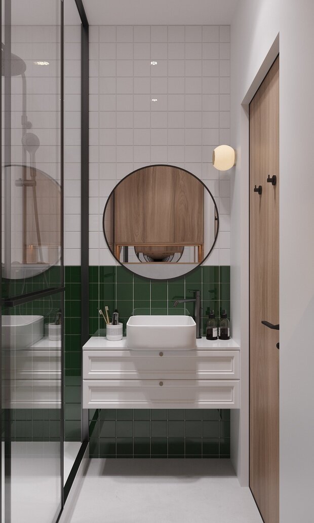 Хотя габариты санузла на грани, душ получился большой. А вот подстольем под раковину немного пожертвовали, саму тумбу пришлось сделать 35 см, а раковину оставили с выносом.