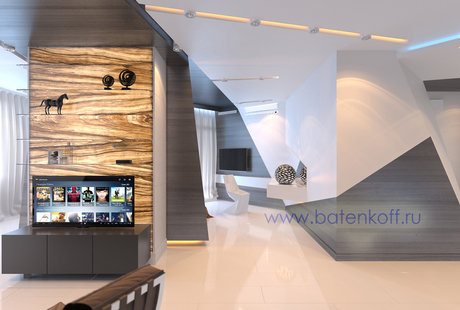 Дизайн проект спальной комнаты в двух уровневом пентхаусе в ЖК Антарес от Батенькофф