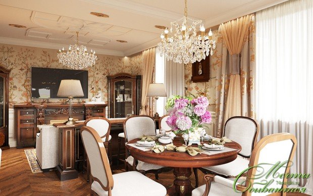 Фото из портфолио Гостиная-кухня-столовая в неоклассическом стиле – фотографии дизайна интерьеров на INMYROOM