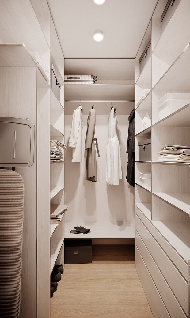 Интерьер гардеробной в стиле минимализм с элементами джапанди