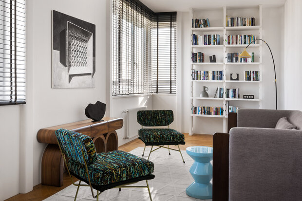 Фотография: Гостиная в стиле Современный, Винтажный, Квартира, Проект дня, Москва, 3 комнаты, Более 90 метров, минимализм, современный, фото интерьера, дизайн интерьера фото, винтаж/ретро, Валерия Разумова – фото на INMYROOM