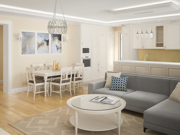 Визуализация интерьера кухни и столовой в классическом стиле