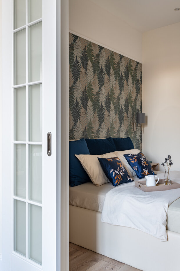 Фотография: Спальня в стиле Прованс и Кантри, Скандинавский, Современный, Эклектика, Винтажный, Малогабаритная квартира, Квартира, Проект недели, Москва, Сталинка, Кирпичный дом, 1 комната, до 40 метров, Анна Доброковская, Мастерская Доброковских – фото на INMYROOM