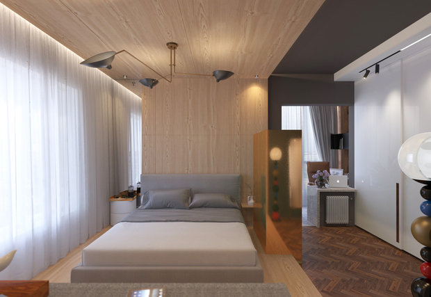 Визуализация интерьера спальни в стиле минимализм с элементами джапанди