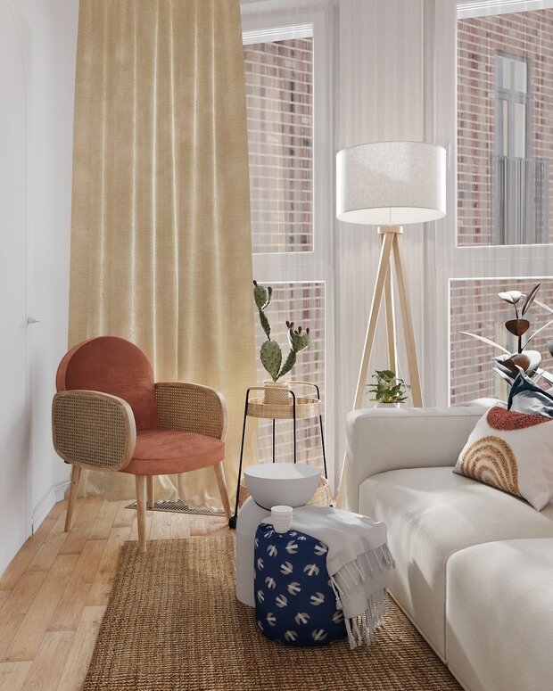 Фотография: Гостиная в стиле Современный, Эко, Бохо, Квартира, Проект дня, Москва, 3 комнаты, 60-90 метров, terracotta.buro, Илона Рафикова – фото на INMYROOM