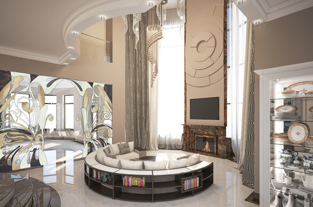 Фотография: Гостиная в стиле Классический, Современный, Эклектика, Дом, Планировки, Декор, Мебель и свет, Проект недели, Ар-деко, Подмосковье, SMANIA, Barovier & Toso, Никита Морозов, KM Studio, De Majo, Brummel Cucine, Ilfari, Tosconova, Spartherm, Manooi, Ceramgras Tiles, Dune Emphasis, Luce da Vivere Bubbles, Horus Art Ceramiche Wallpaper, Mirage Jewels, Sicis Emperador, Travertino Lucido, дом с кинотеатром, спортзалом и хаммамом, кинотеатр, спортзал и хаммам, дом с атриумом – фото на INMYROOM