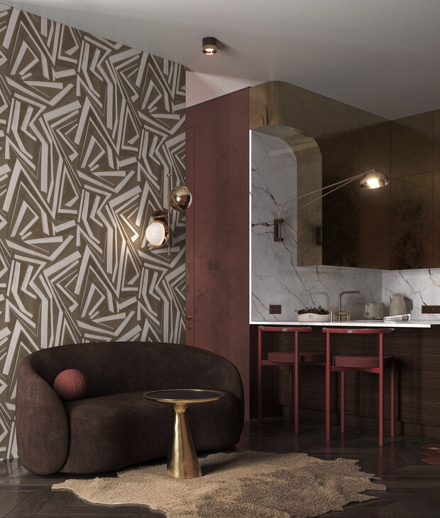 Зона спальни отделяется от зоны гостиной стеной-перегородкой в акцентных обоях от Harlequin.